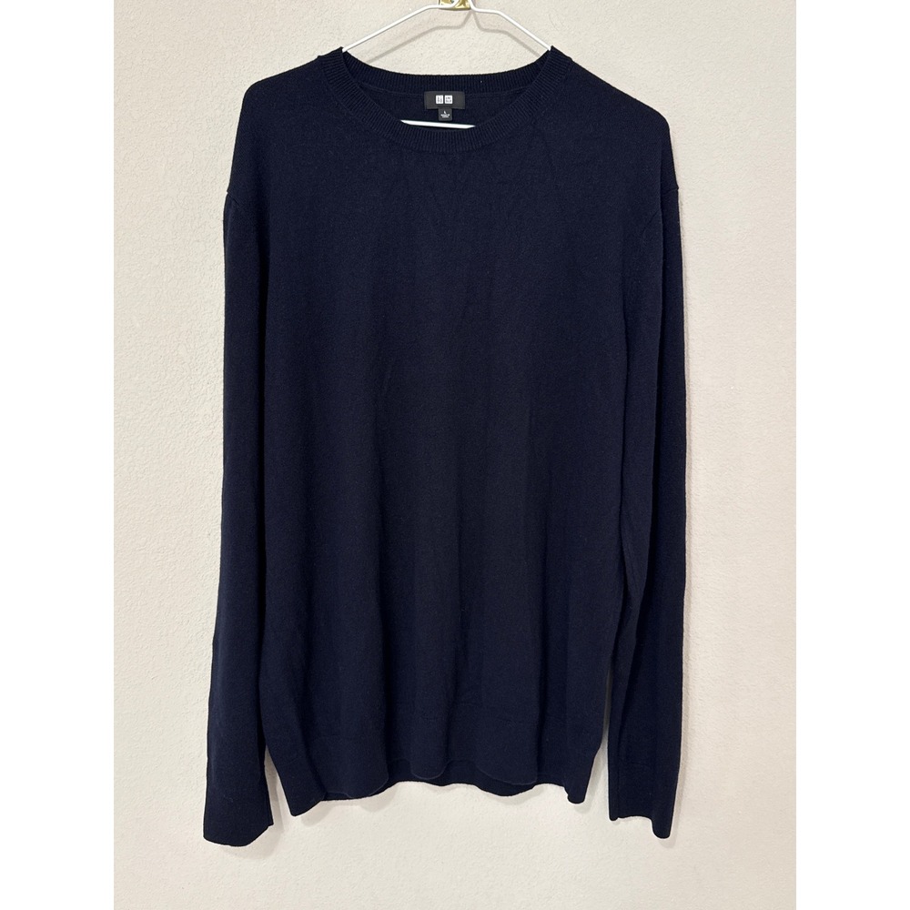 Uniqlo 100% Cashmere Sweater Mens Large Navy Blue Crew Neck Long Sleeve Knit
